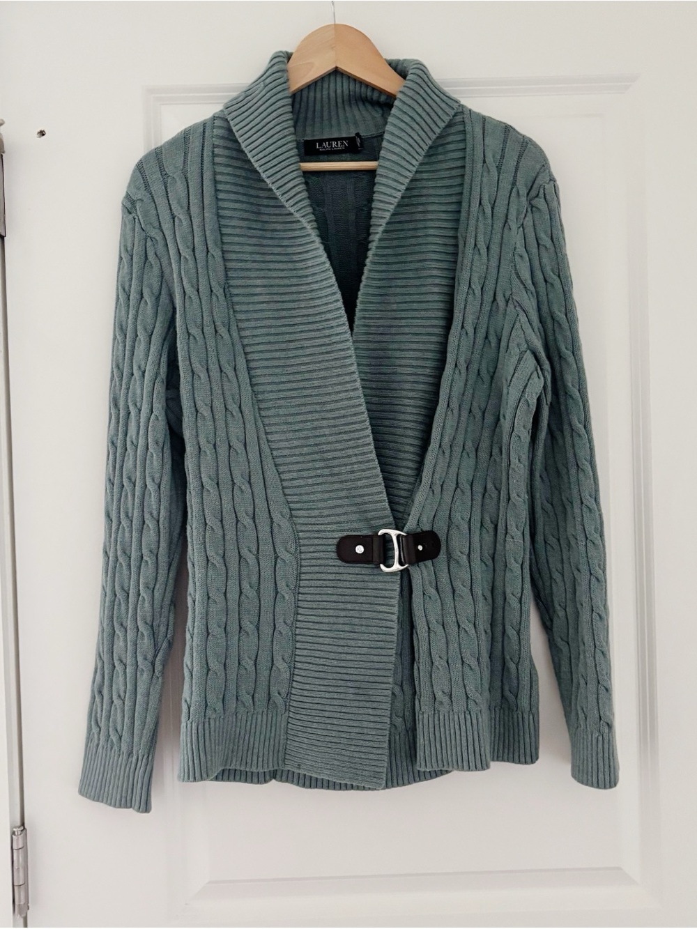 Lauren Ralph Lauren Buckle Shawl Collar Cable Equestrian Sweater Old Money XL